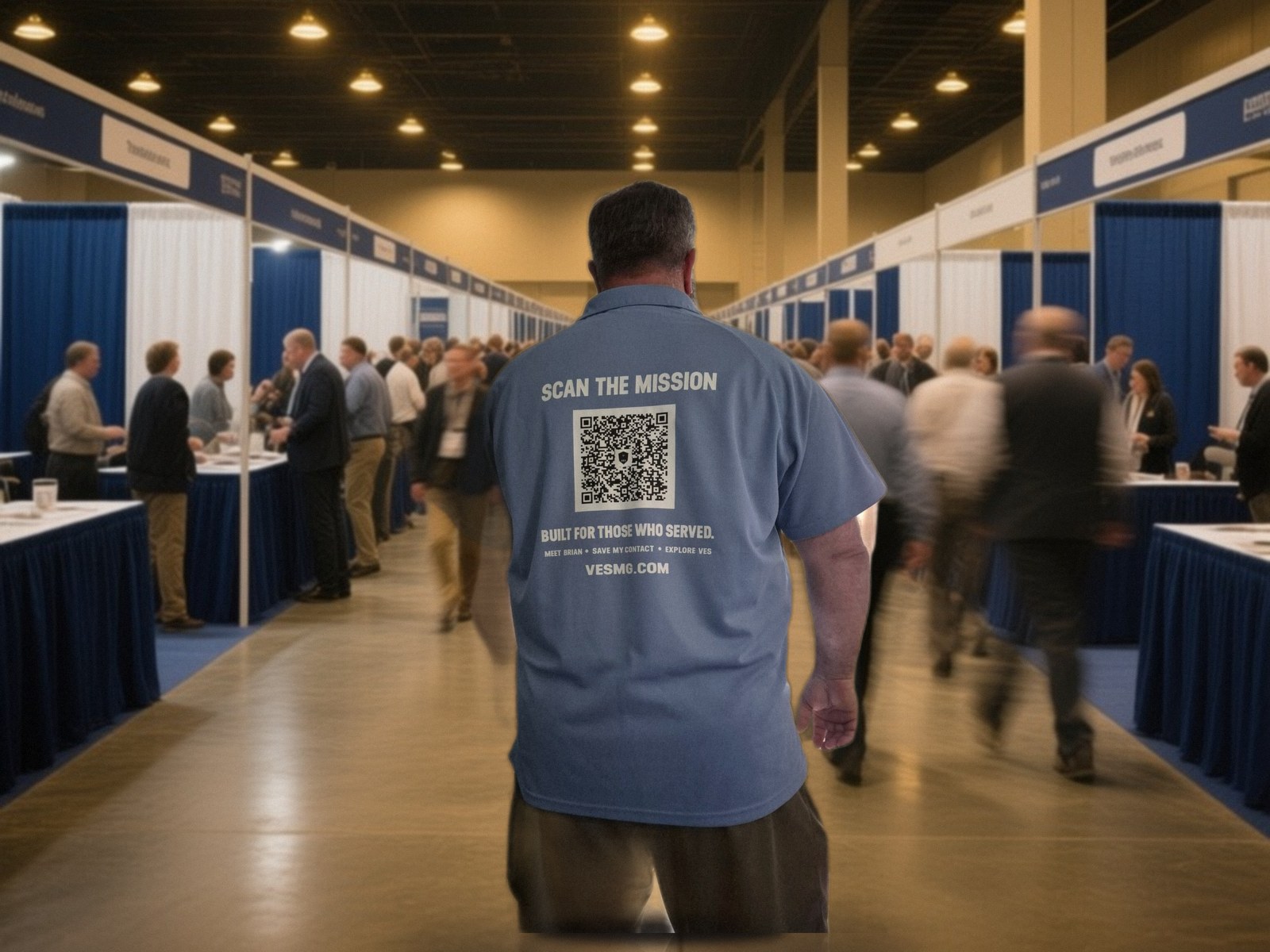 Brian Sinclair at an event wearing the navy VES polo — 'SCAN THE MISSION' and a QR code on the back that opens his contact card and the VES ecosystem