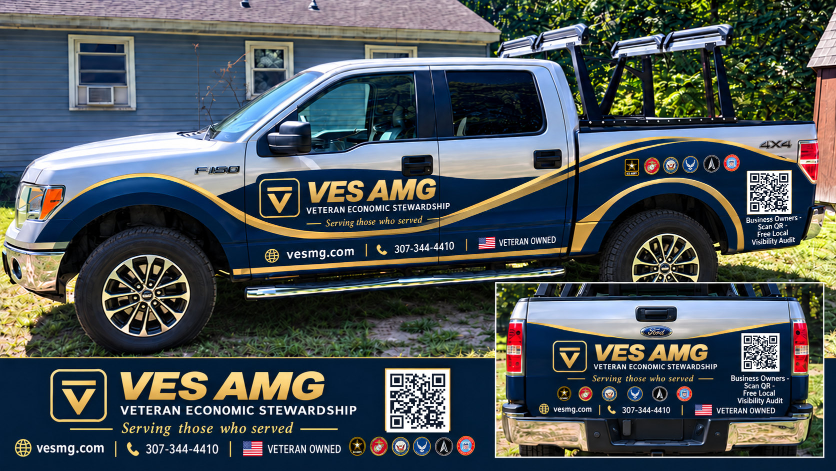 VES AMG truck wrap design — navy and gold wrap with VES AMG branding, QR code, and military branch emblems