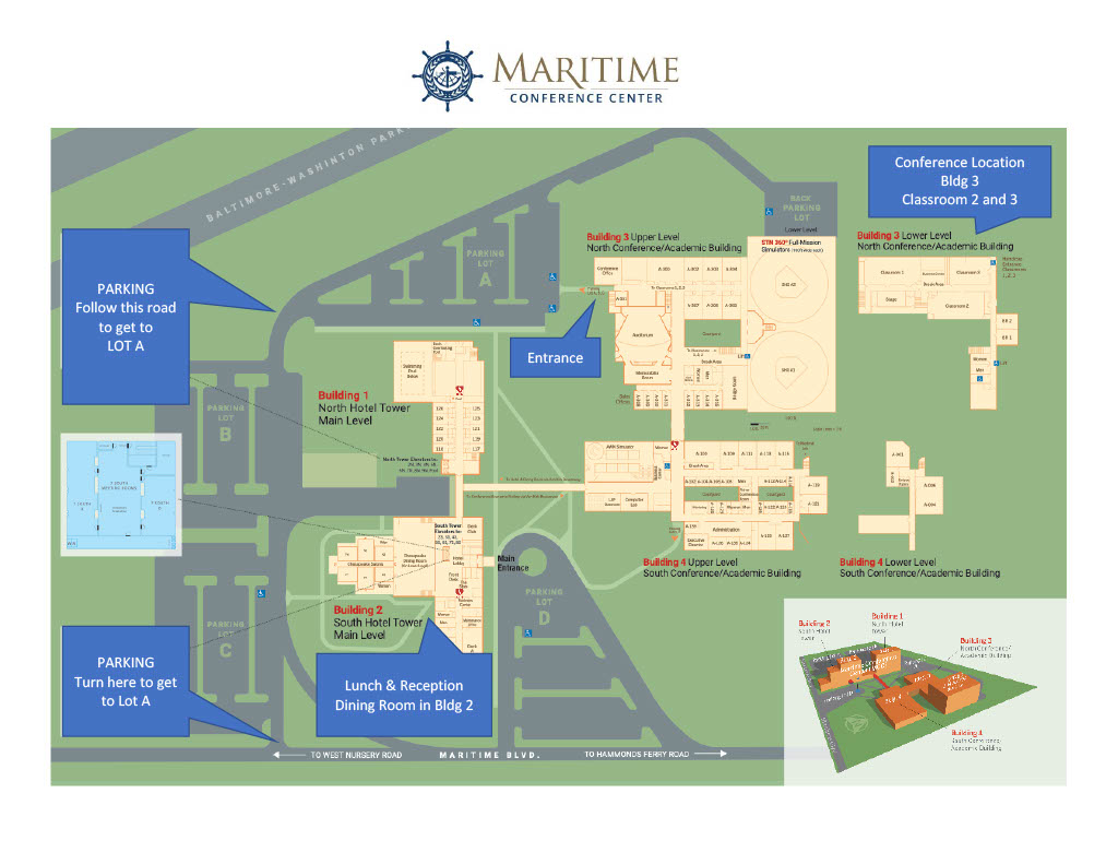 Maritime Conference Center campus map — Buildings 1-4, parking Lots A-D, main entrance on Maritime Boulevard